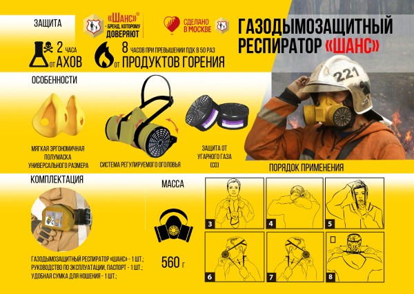 Газодымозащитный респиратор (ГДЗР) «Шанс» предназначен для защиты органов дыхания от широкого спектра опасных веществ, включая токсичные продукты горения, пары