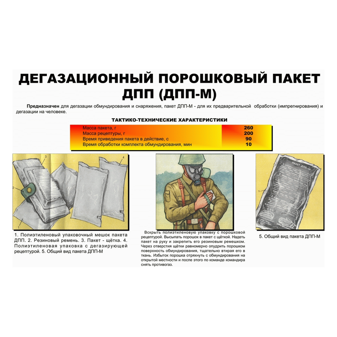 Дегазирующий пакет порошковый ДПП предназначен для дегазации обмундирования, снаряжения и обуви, зараженных аэрозолями ОВ и парами ФОВ.